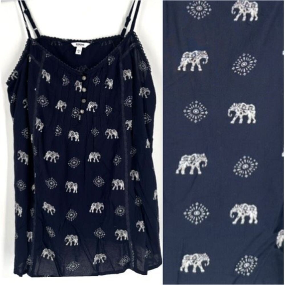 NWT Sonoma Navy Blue‎ Elephant Print Novelty Lace Tank Top Size Medium